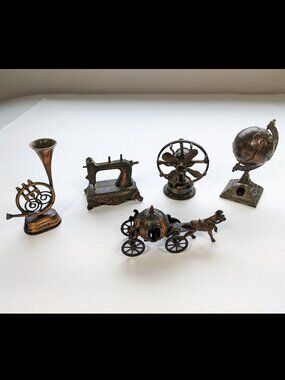 5 Vintage Metal Pencil Sharpeners Lot Globe, Sewing Machine, Fan Horn Cinderella